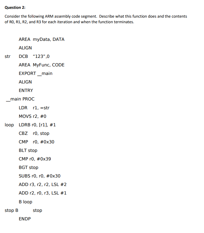 consider the following ARM assembly code segment. Describe what this function does