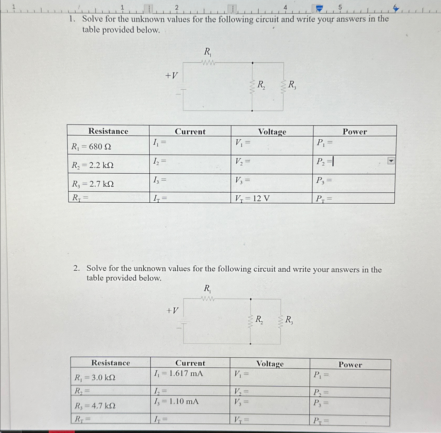  ***series-parallel circuits please use tinkercad**** Solve for the unknown values for
