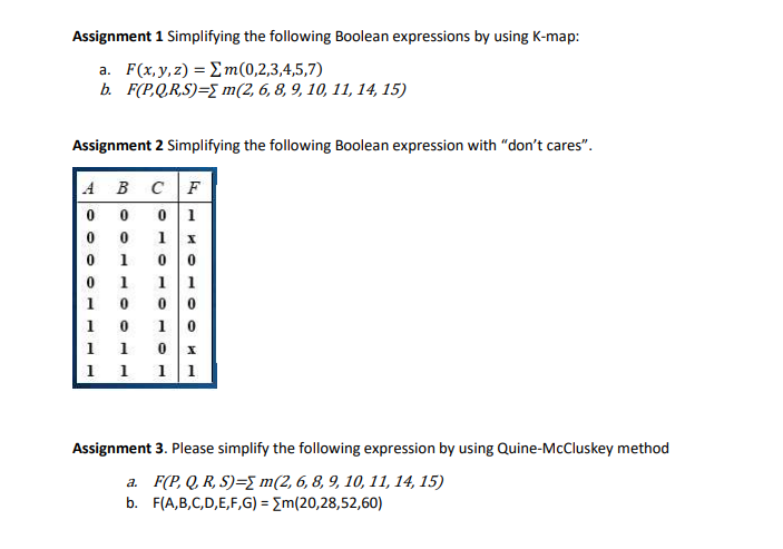  Assignment 1 Simplifying the following Boolean expressions by using K-map: a.F(x,y,z)=??m(0,2,3,4,5,7)