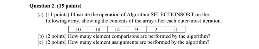  (a)(11 points) Illustrate the operation of Algorithm SELECTIONSORT on the following