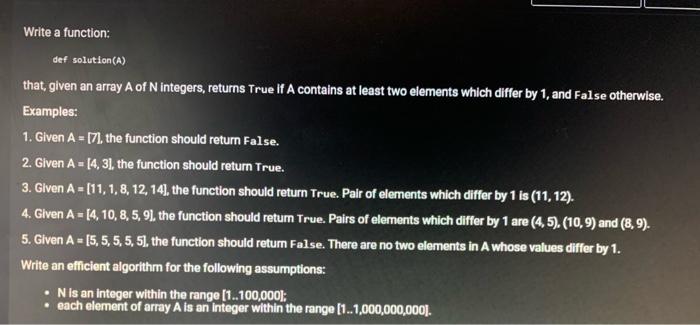 Using python Write a function: def solution(A) that, given an array A