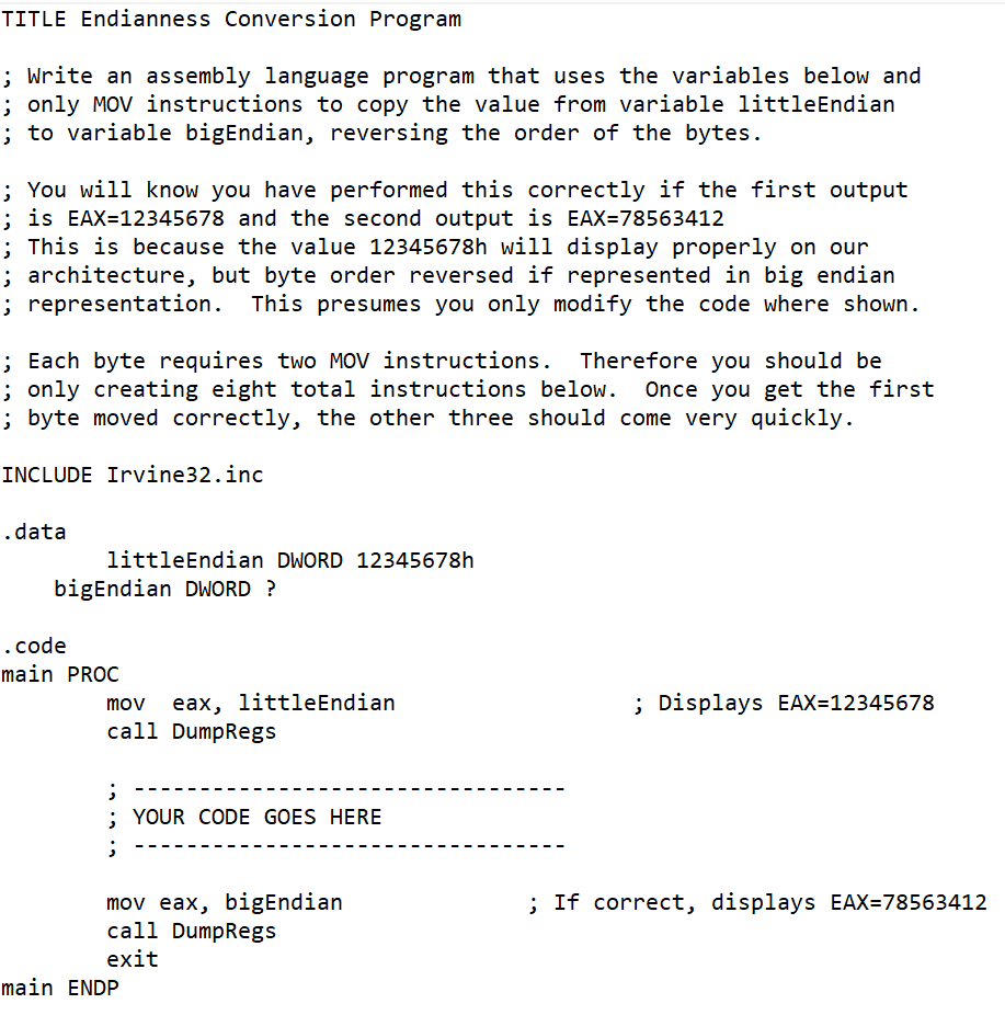 Need the 8 total instructions that goes in "Your code goes