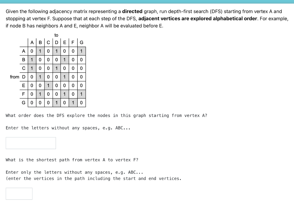  Given the following adjacency matrix representing a directed graph, run depth-first