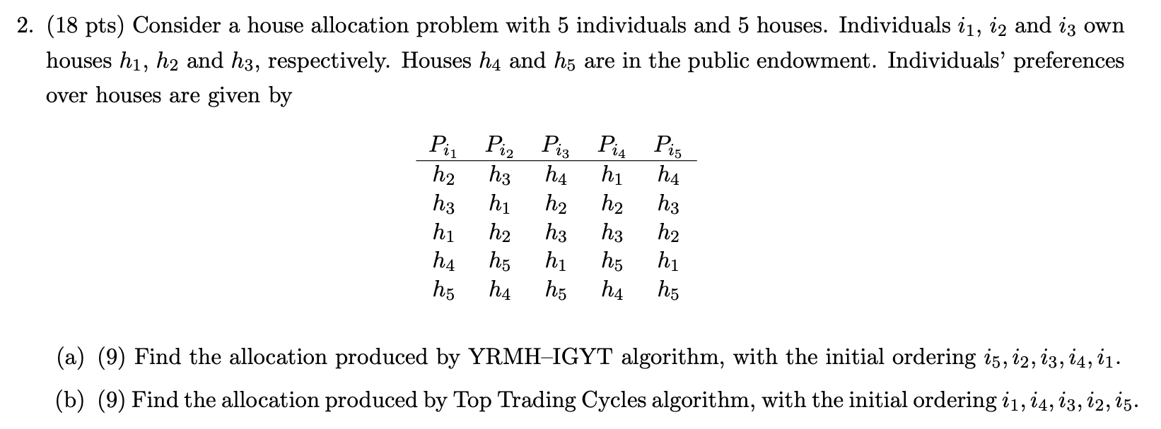  (18 pts) Consider a house allocation problem with 5 individuals and