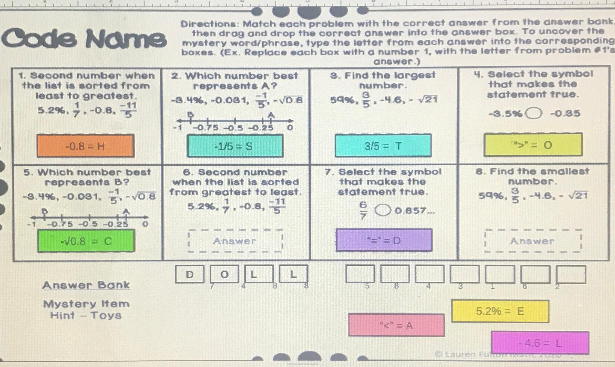  Code Name Direations: Match each problem with the correct answer from