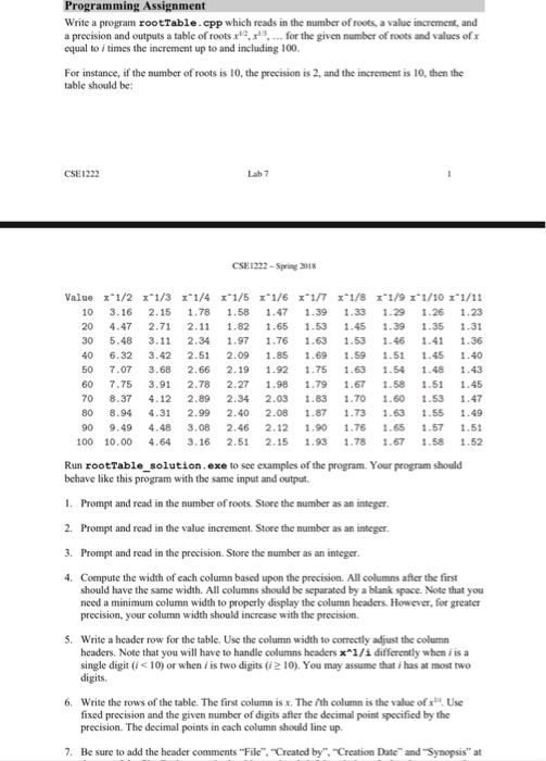 Programming Write a program rootTable.cpp which reads in the number of