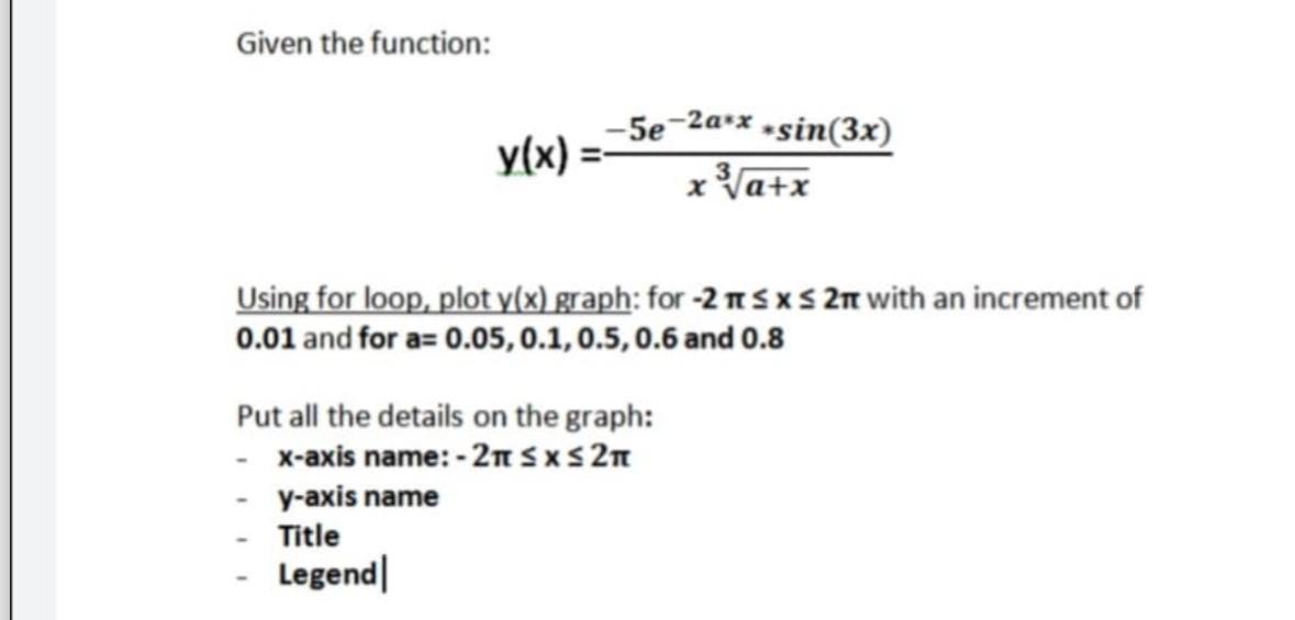  Given the function: y(x)=-5e-2a**x**sin(3x)xa+x3 Using for loop, plot y(x) graph: for