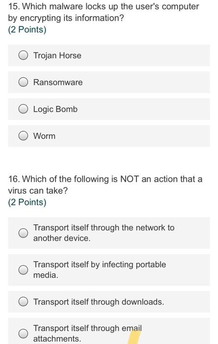  15. Which malware locks up the user's computer by encrypting its