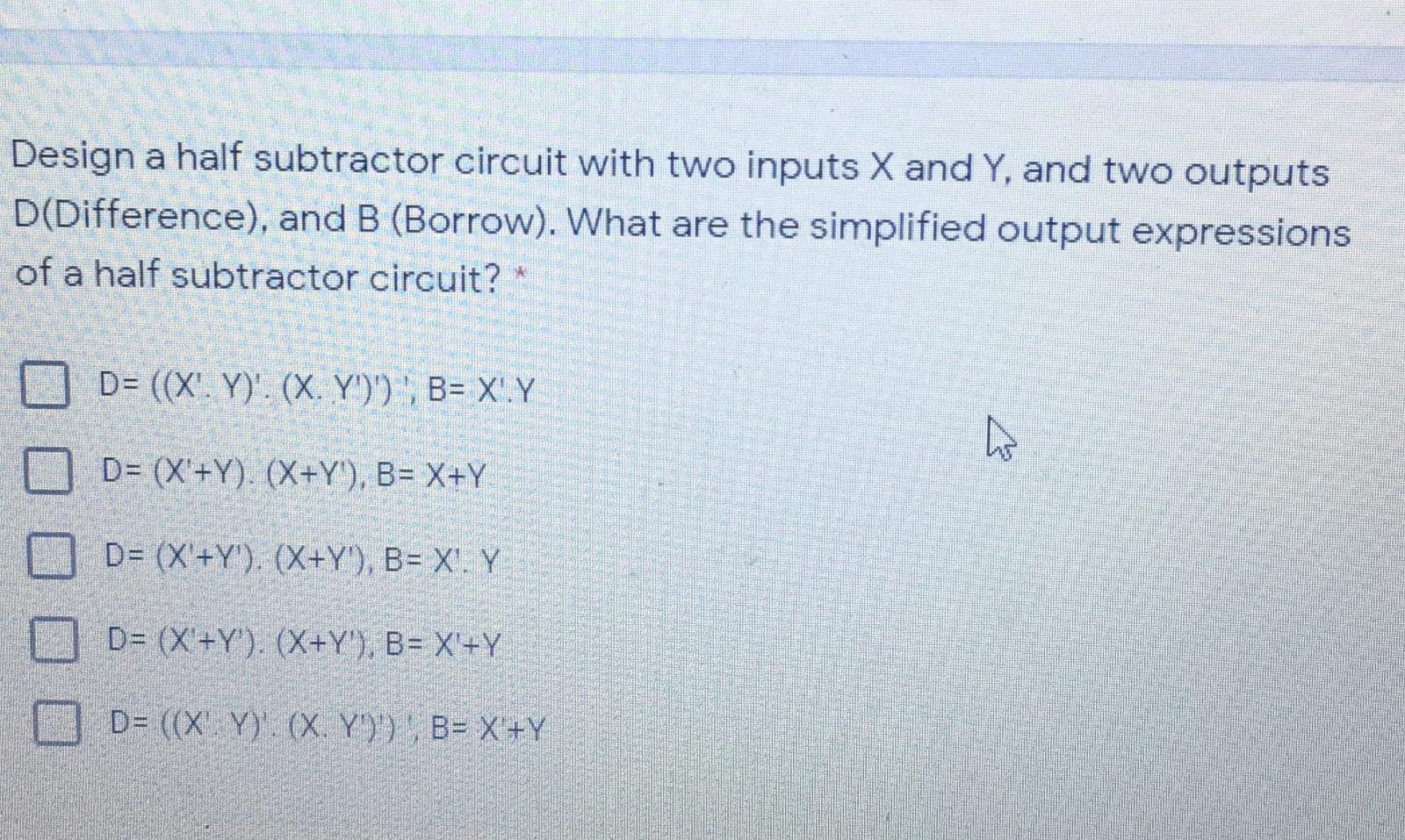 Design a half subtractor circuit with two inputs X and Y,