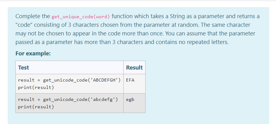 In python please Complete the get_unique_code(word) function which takes a String as
