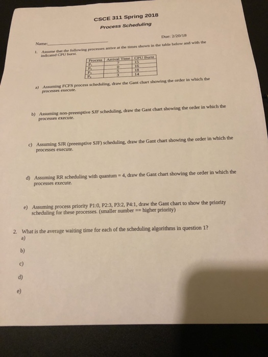  CSCE 311 Spring 2018 Process Scheduling Due: 2/20/18 at the times