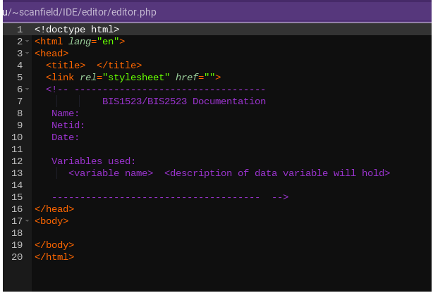 Need help writing code in php thank you u/ scanfield/IDE/editor/editor.php Overview: