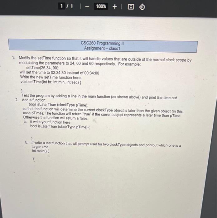  1. Modify the setTime function so that it will handle values