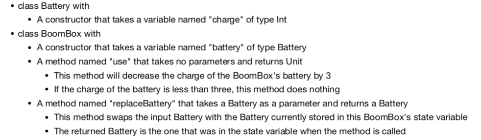 [SCALA] Write a program with: class Battery with A constructor that takes