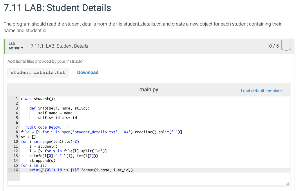 7.11 LAB: Student Details The program should read the student details