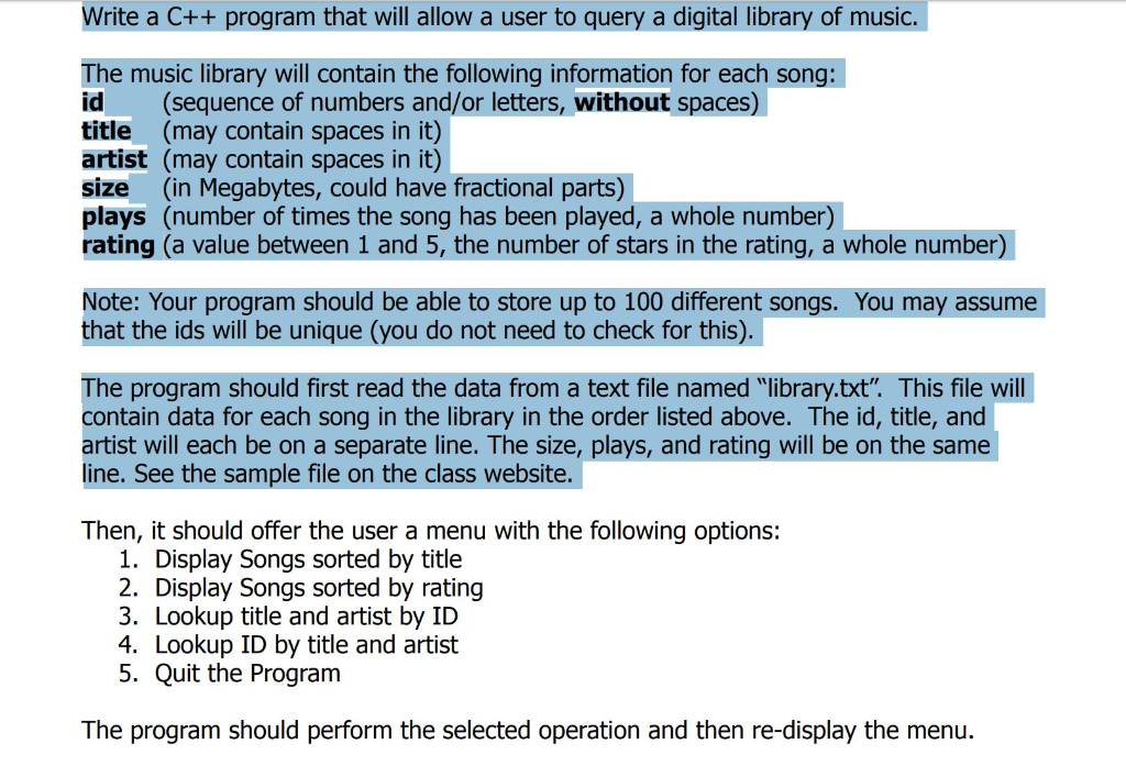 output sample: Menu 1. Display Songs sorted by title 2. Display