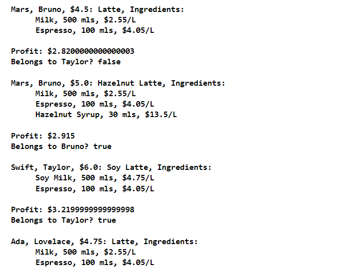 return this.lastName+", "+this.firstName; } boolean equals(Customer obj) { if(this.firstName.equals(obj.firstName) && this.lastName.equals(obj.lastName)) return