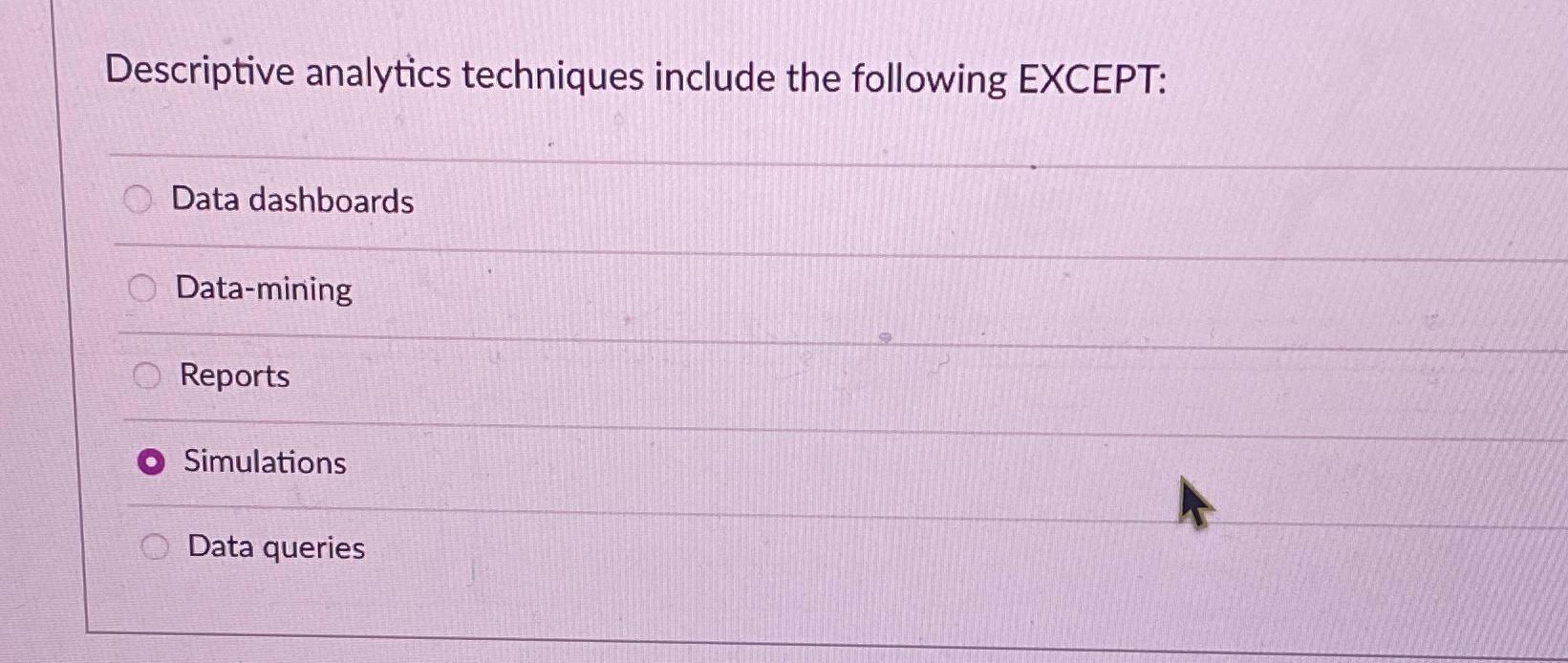 Descriptive analytics techniques include the following EXCEPT: Data dashboards Data-mining Reports