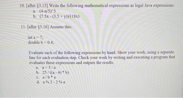 please do all. 10. [after $3.15 ] Write the following mathematical expressions
