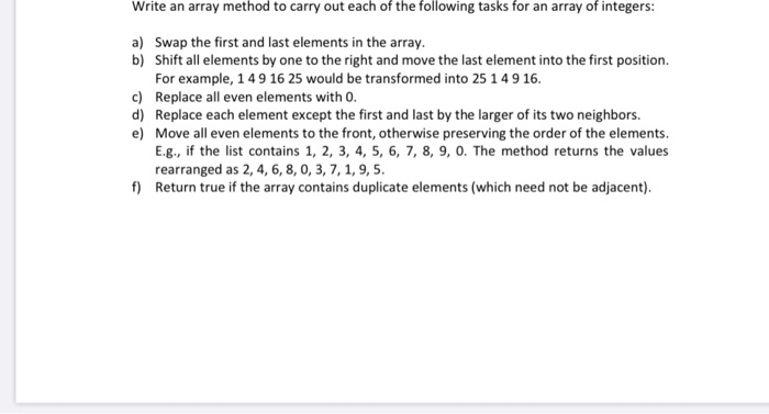 java Write an array method to carry out each of the following