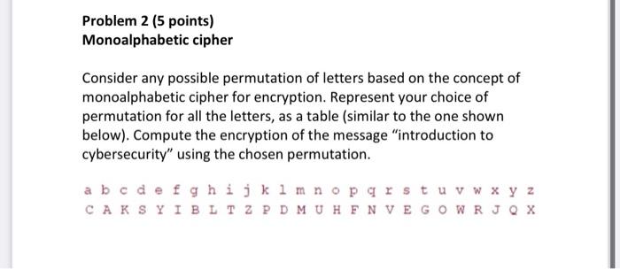  Problem 2 (5 points) Monoalphabetic cipher Consider any possible permutation of