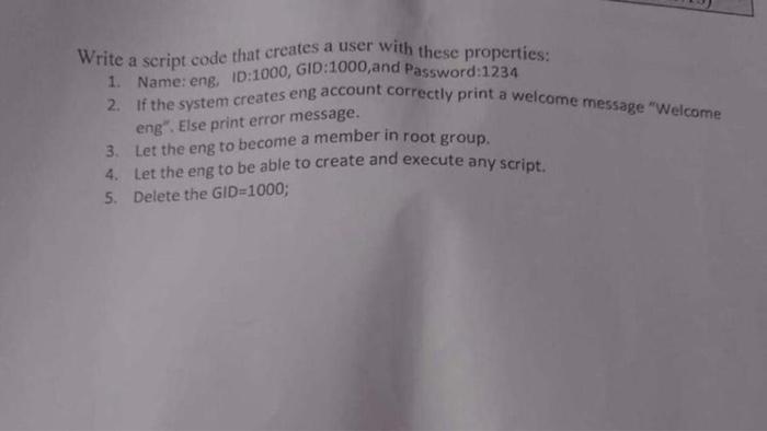  Write a script code that creates a user with these properties: