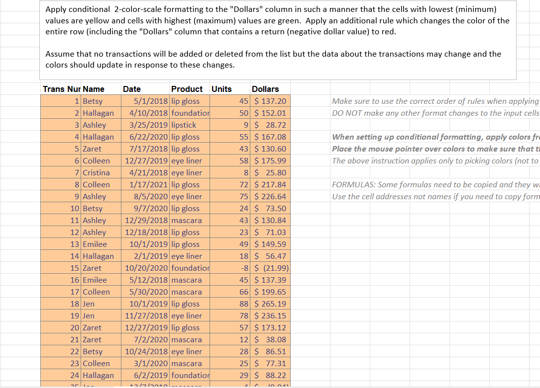  Apply conditional 2-color-scale formatting to the "Dollars" column in such a