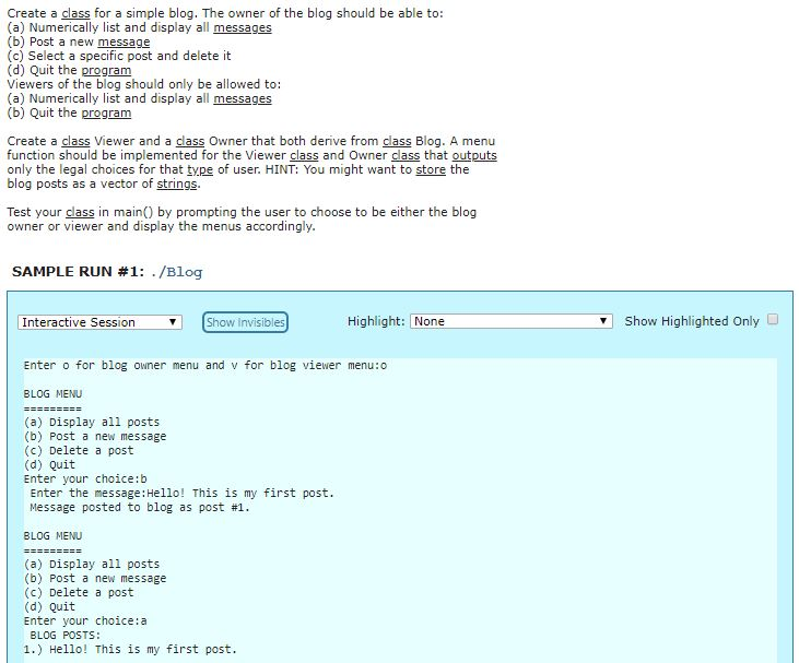 c++ Create a class for a simple blog. The owner of the