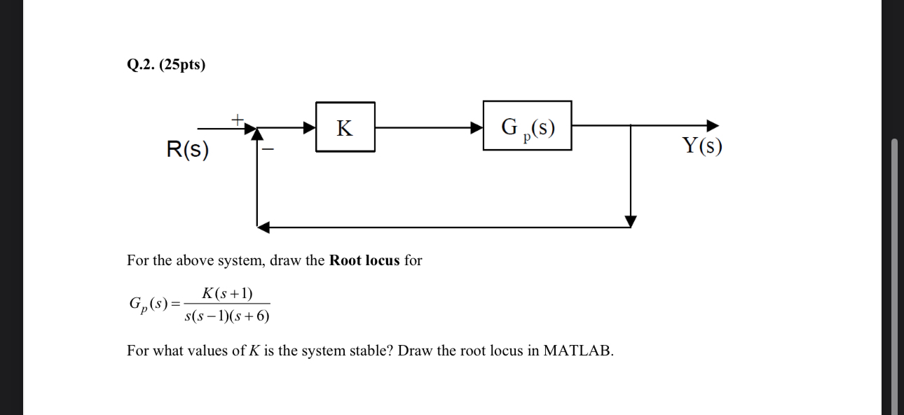  Q.2.(25pts) For the above system, araw the 0t 1ocus tor Gp(s)=K(s+1)s(s-1)(s+6)