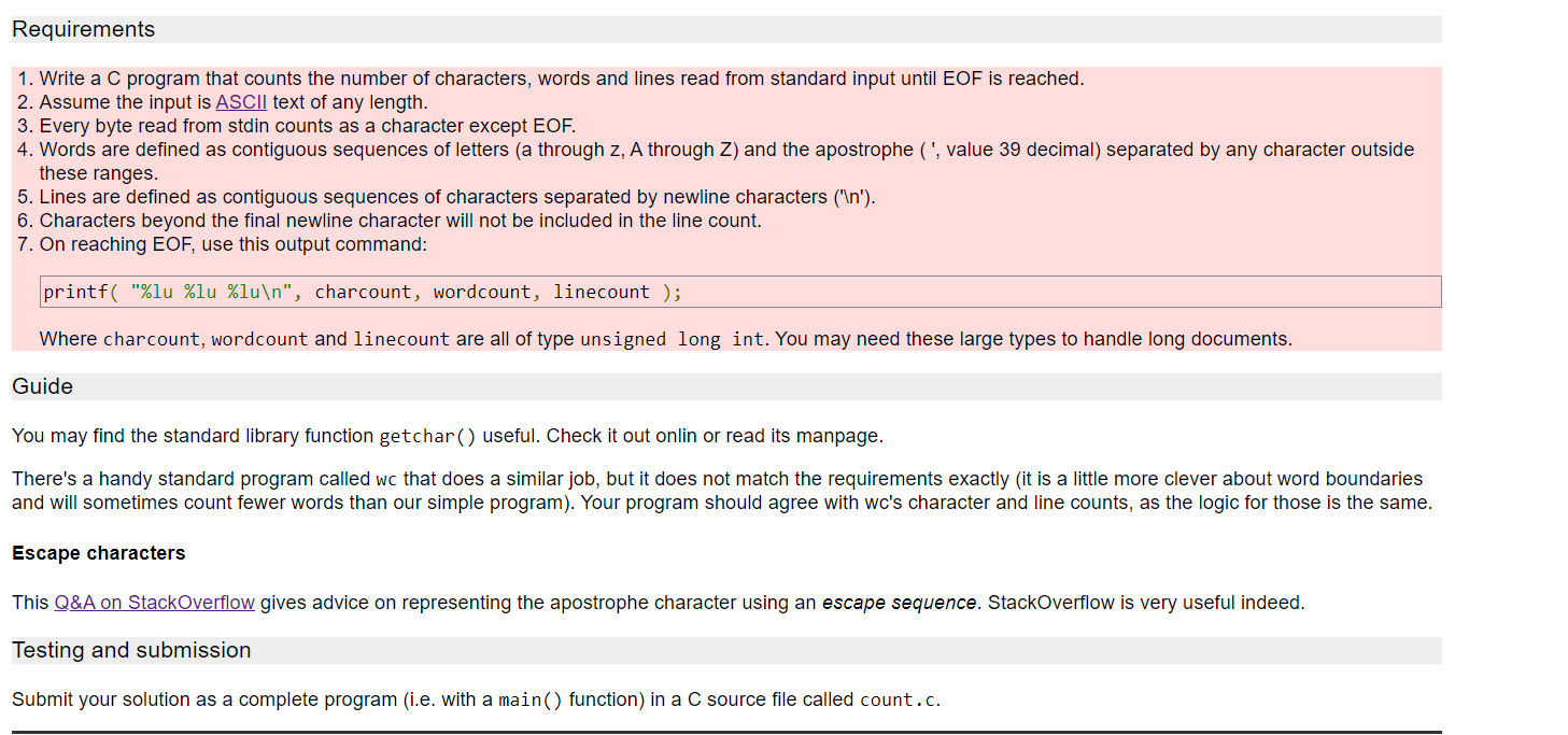  Requirements 1. Write a C program that counts the number of