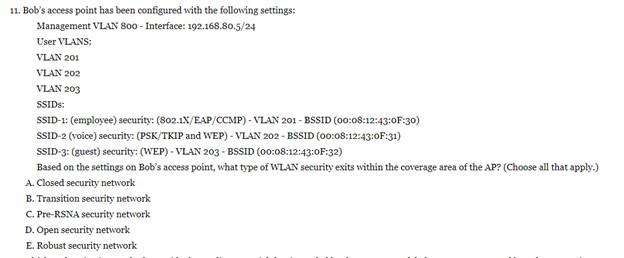 D. EAP-TLS E. PEAP 11. Bob's access point has been configured with