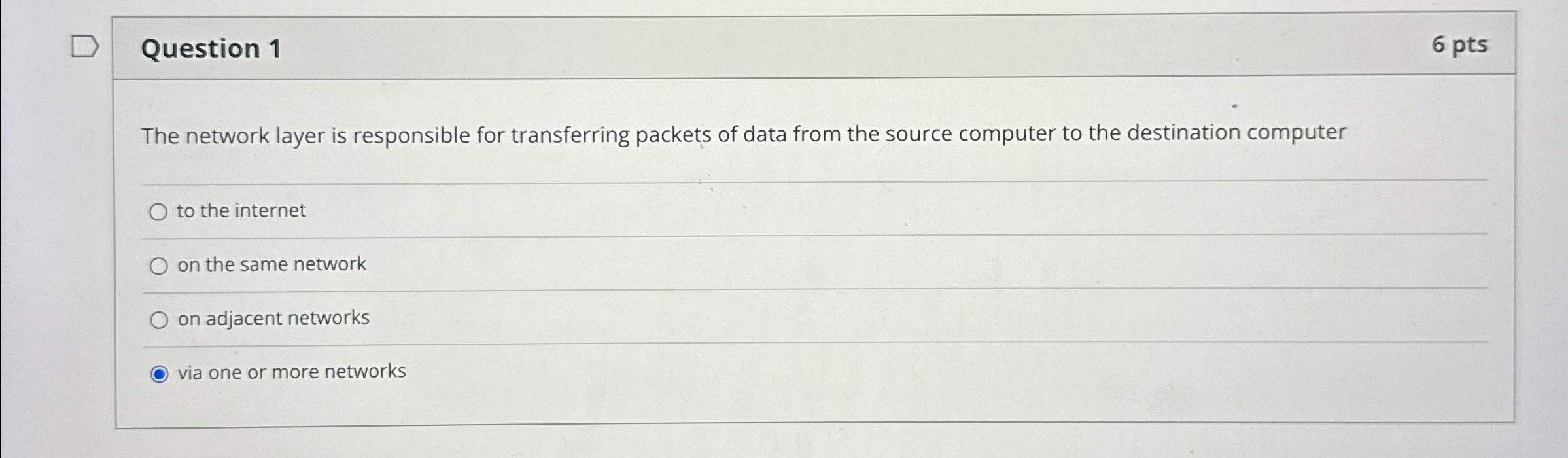  Question 1 6 pts The network layer is responsible for transferring