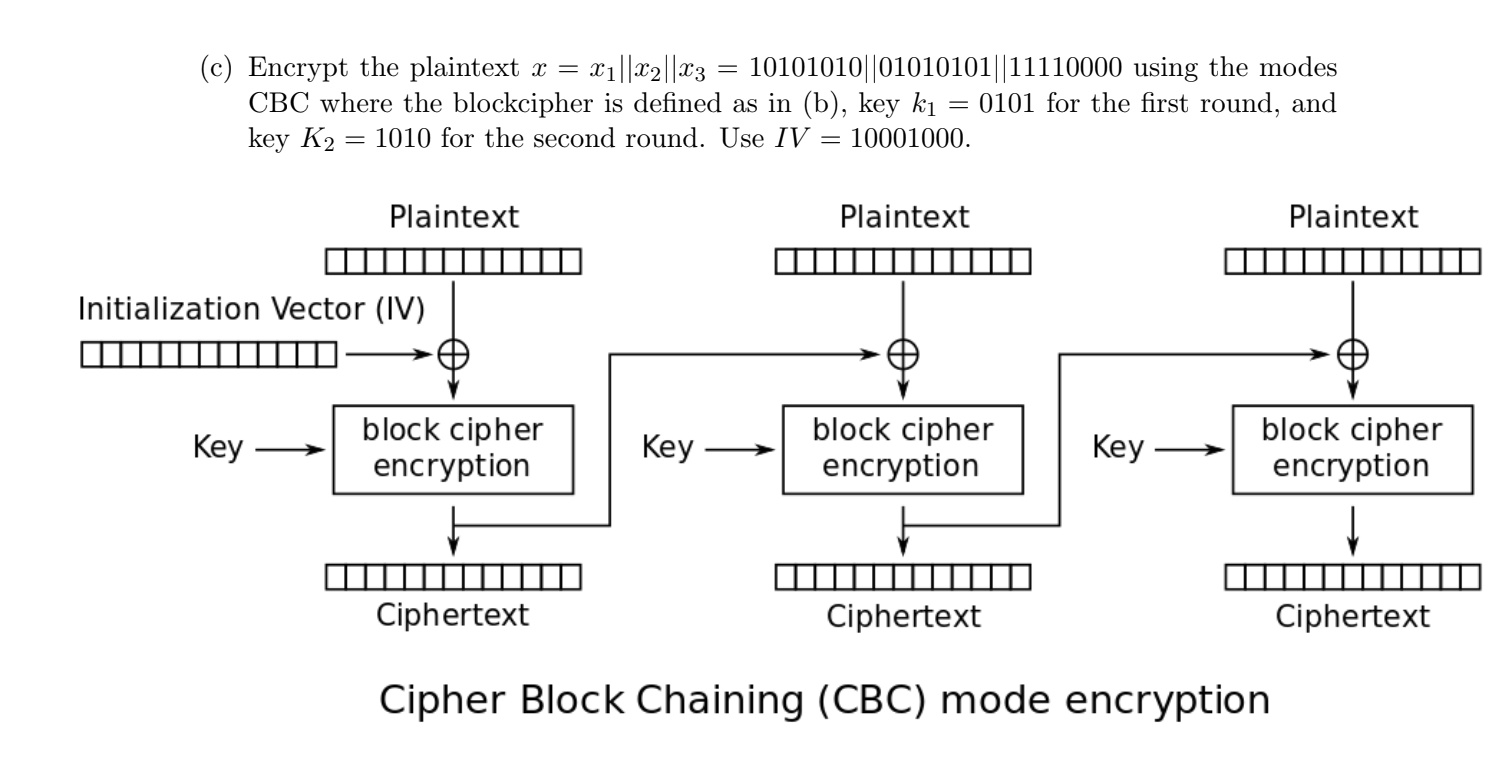  Encrypt the plaintext x = x1||x2||x3=10101010||01010101||11110000 using the modes (c) Encrypt