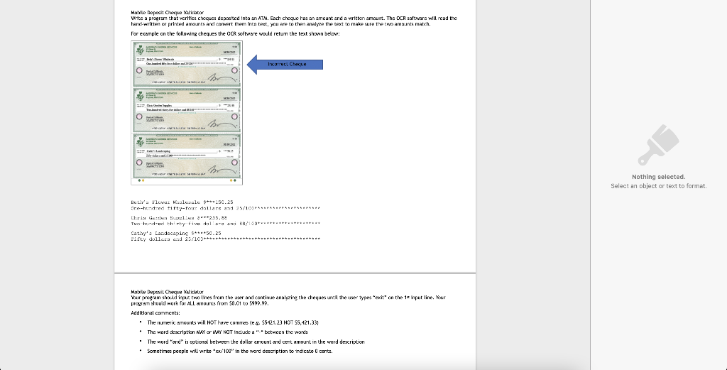 verifies cheques deposited into an ATM. Each cheque has an amount and