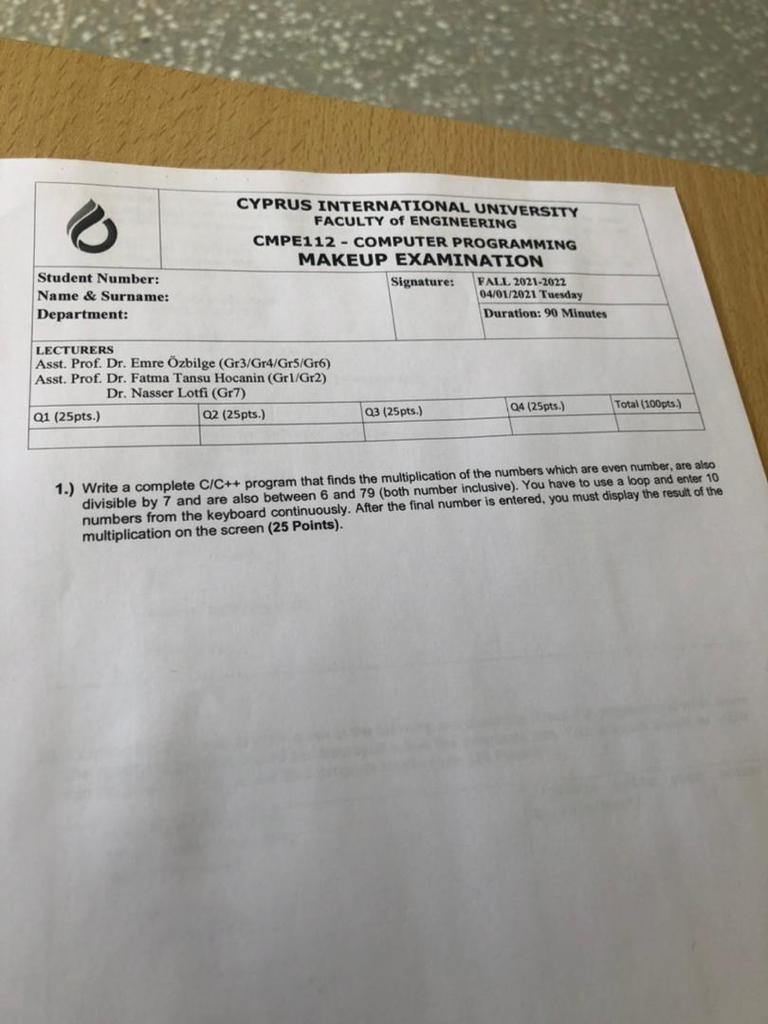  1.) Write a complete C/C++ program that finds the multiplication of