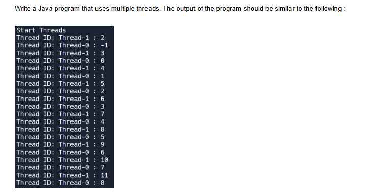  Write a Java program that uses multiple threads. The output of