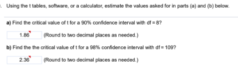  Using the t tables, software, or a calculator, estimate the values
