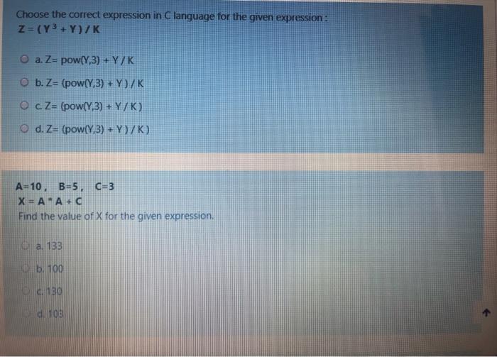  Choose the correct expression in C language for the given expression