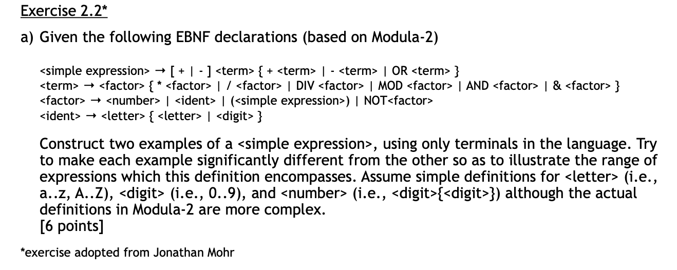 Exercise 2.2* a) Given the following EBNF declarations (based on Modula-2)
