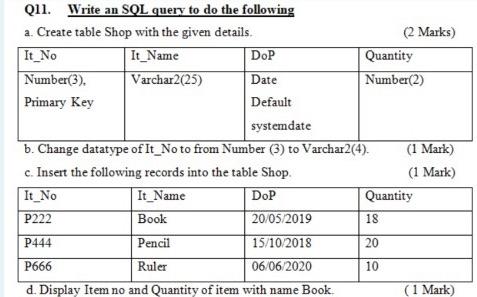  Q11. Write an SQL query to do the following a. Create
