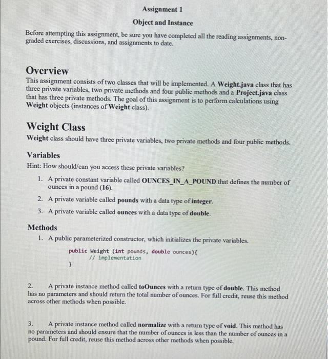  Assignment 1 Object and Instance Before attempting this assignment, be sure