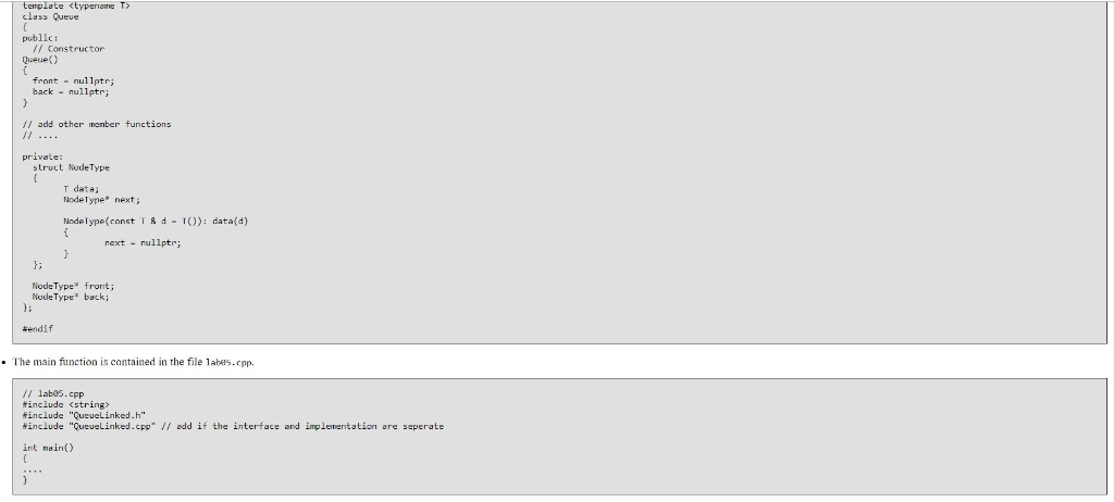 the header file QueueLinked.h. // QueueLinked.h #ifndef QUEUE-H #define QUEUE. H #includeiostream>