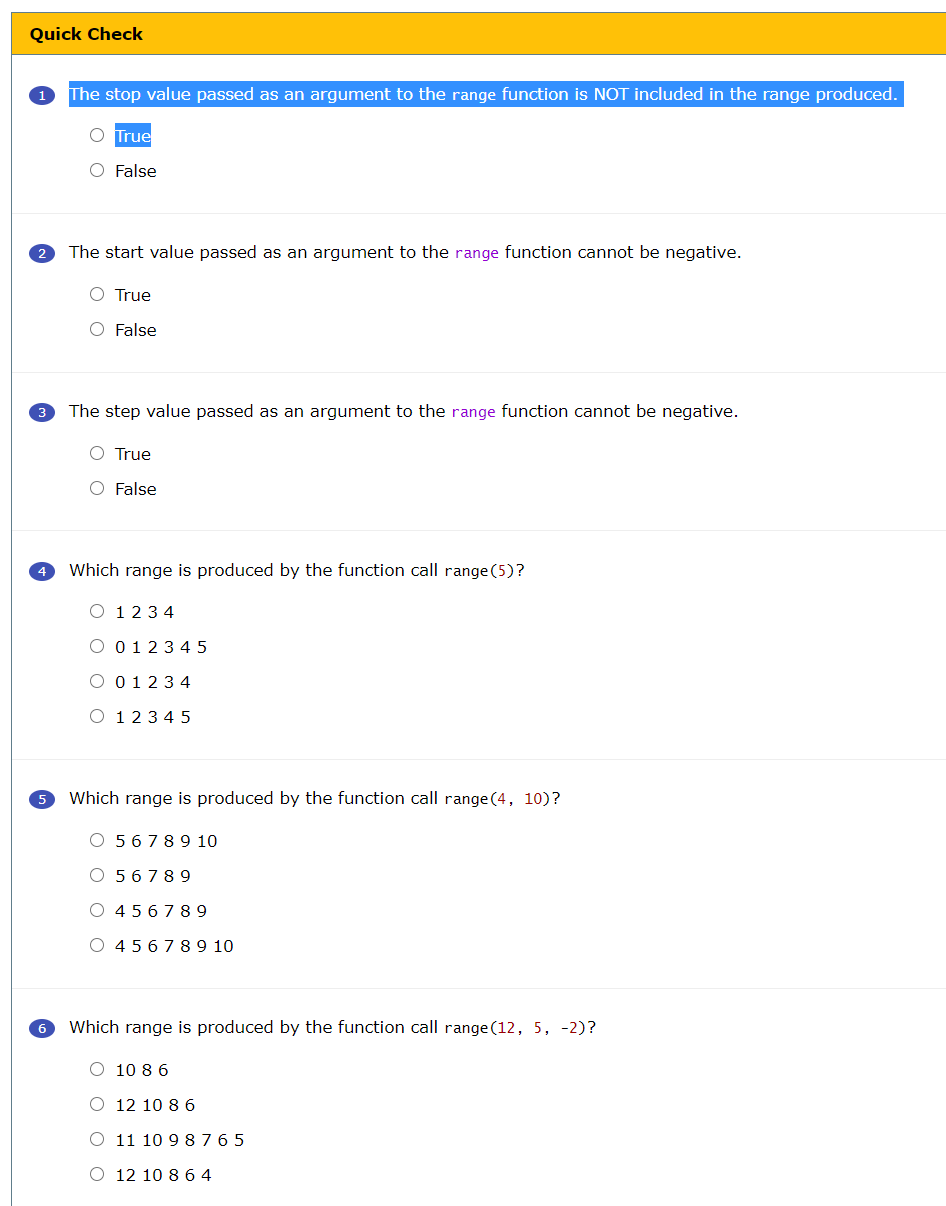 Quick Check 1 The stop value passed as an argument to