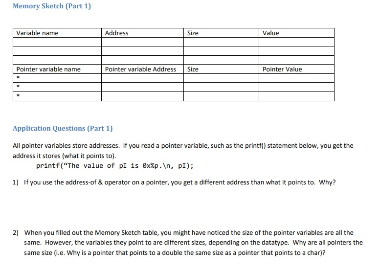  Memory Sketch (Part 1) Variable name Address Size Value Pointer variable
