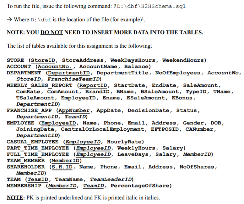  Using the tables provided above, provide SQL statements for the following