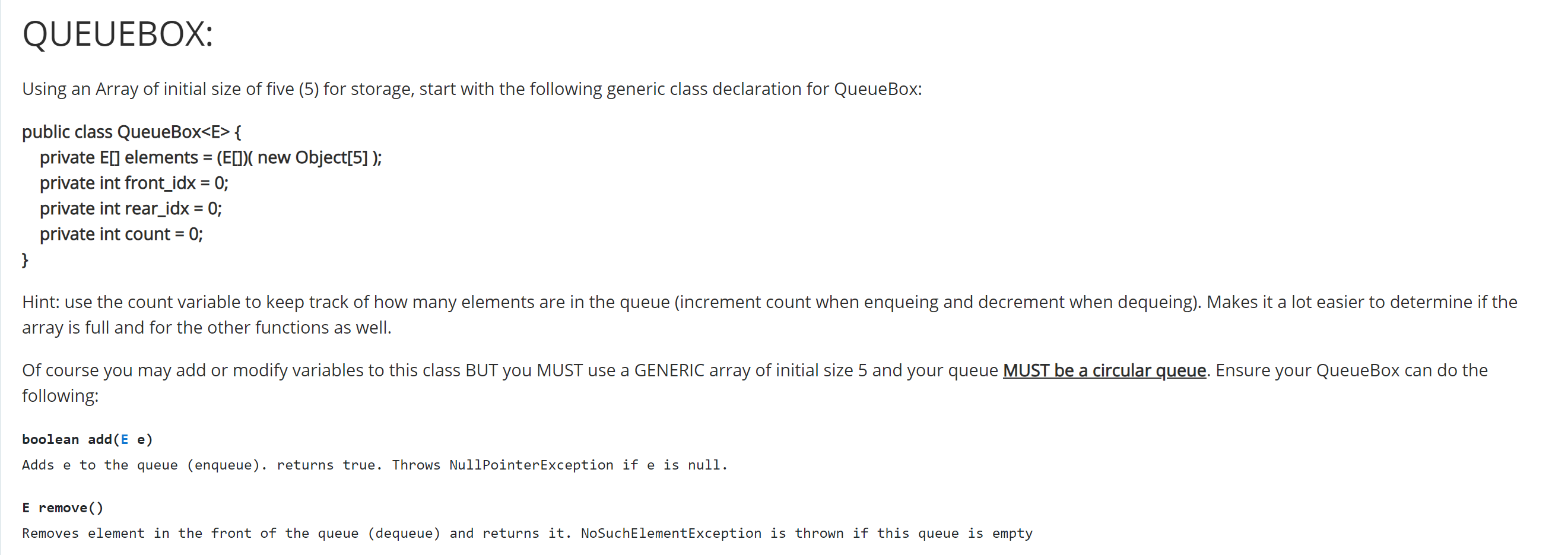  QUEUEBOX: Using an Array of initial size of five (5) for