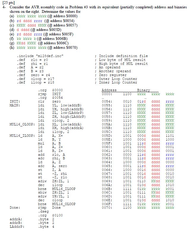 4- Consider the AVR assembly code in Problem #3 with its equivalent