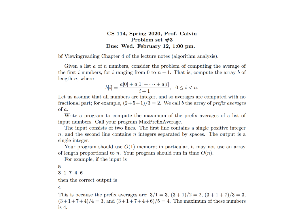  CS 114, Spring 2020, Prof. Calvin Problem set #3 Due: Wed.