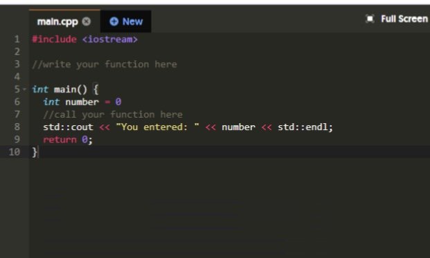 string Full Screen main.cpp* New #include 3 //write your function here 4.