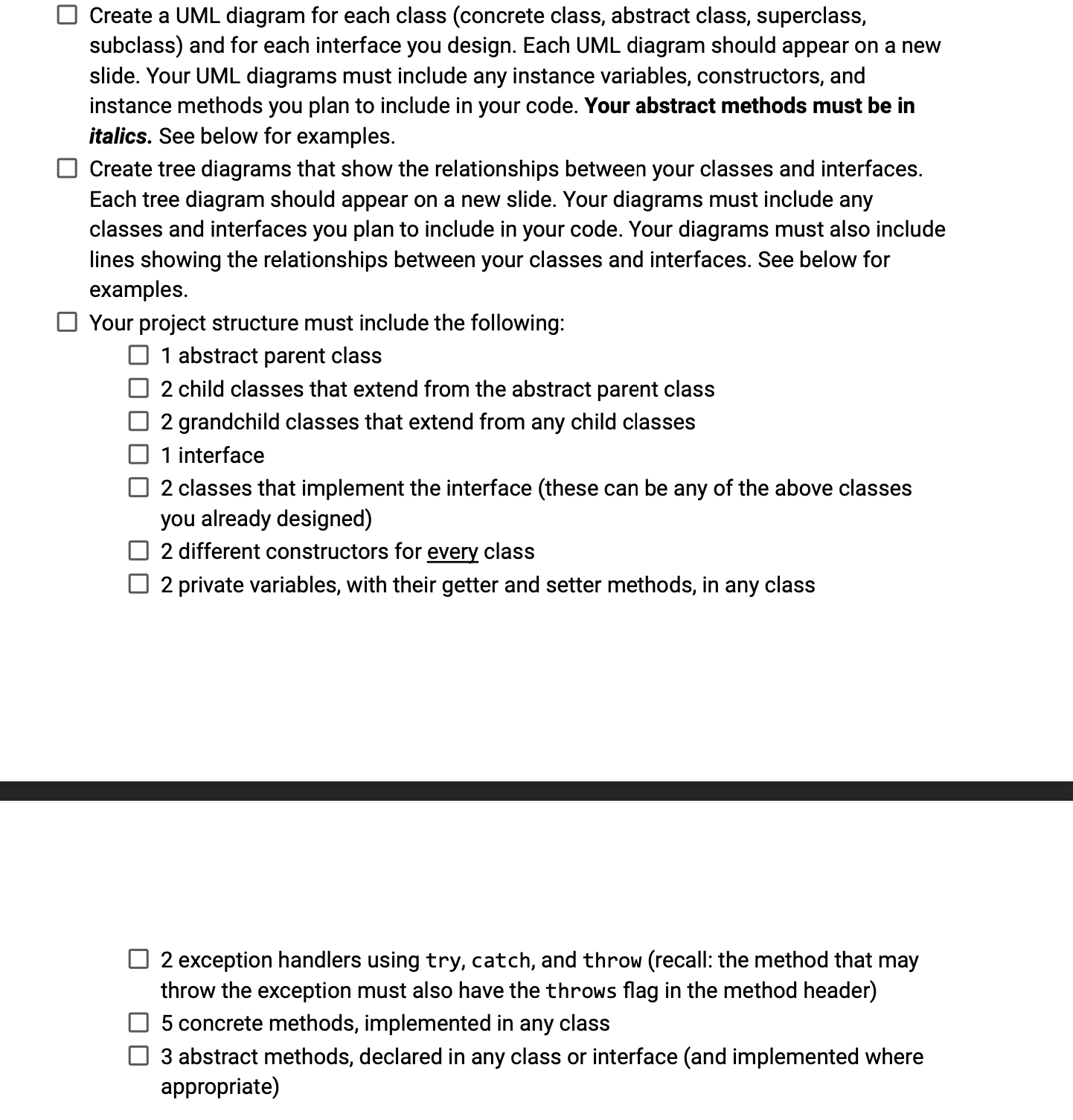  Please create a java "project" that includes the following: 1 abstract